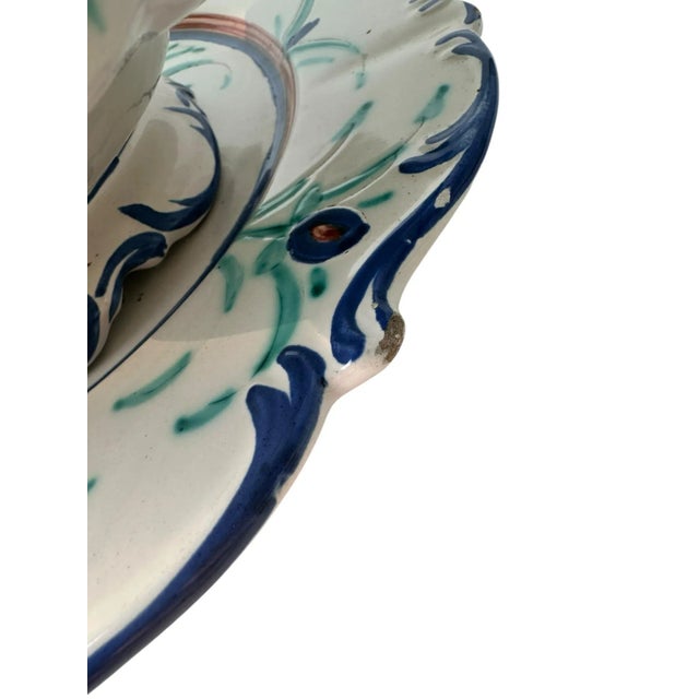 Vintage Italian Hand-Painted Majolica Soup Tureen With Underplate – Faenza Pottery, Blue and Green Floral Design, Italy, Mid-Century European Ceramic For Sale - Image 9 of 9