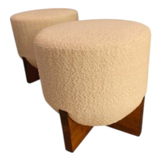 Brutalist Wooden and Bouclé Poufs, Set of 2 For Sale