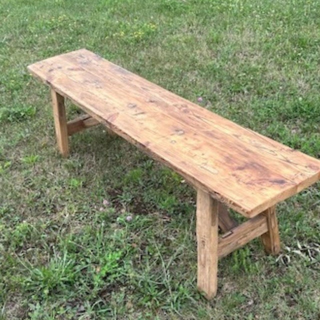 Vintage Rustic Pine Bench With Trestle Base For Sale - Image 10 of 11