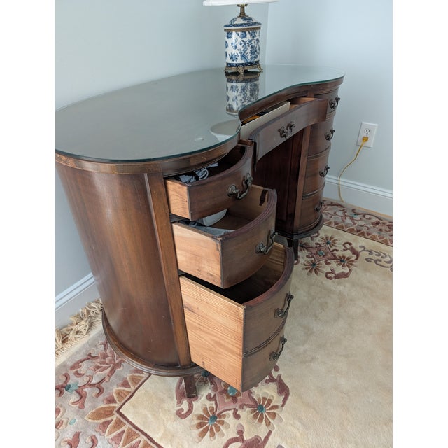Vintage Kidney Shaped Double Pedestal Mahogany Desk For Sale - Image 9 of 18