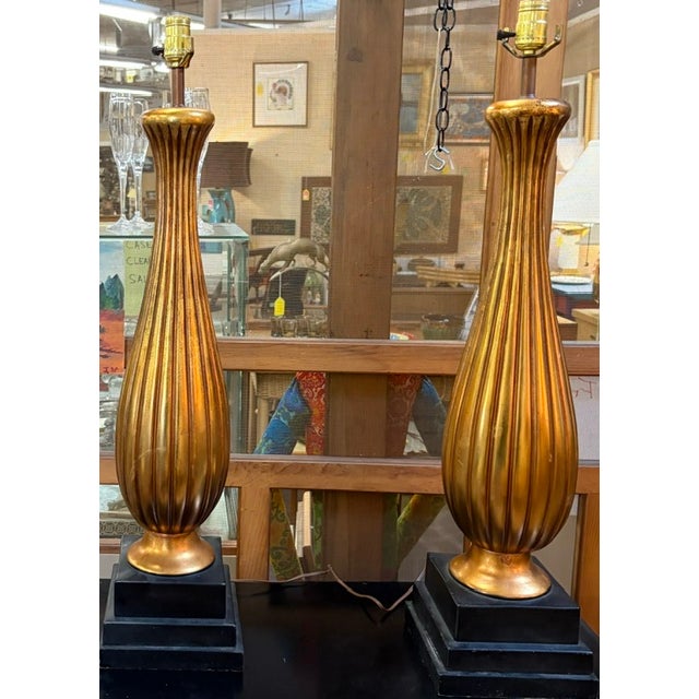 Mid-Century Modern Mid Century Large Scale Gilt Ceramic Lamps For Sale - Image 3 of 6