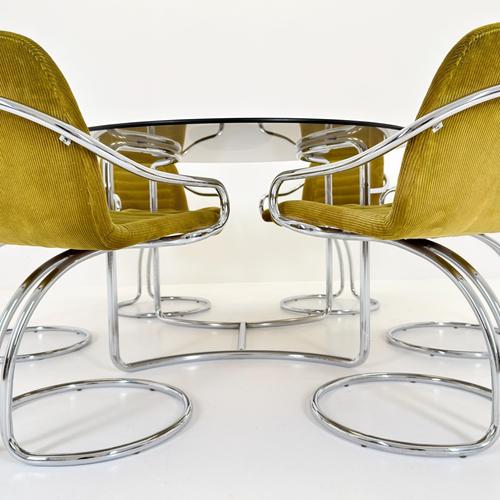 Mid-Century Modern Italian Round Smoked Glass Table and Cantilever Chairs by Gastone Rinaldi, 1970s, Set of 7 For Sale - Image 13 of 18