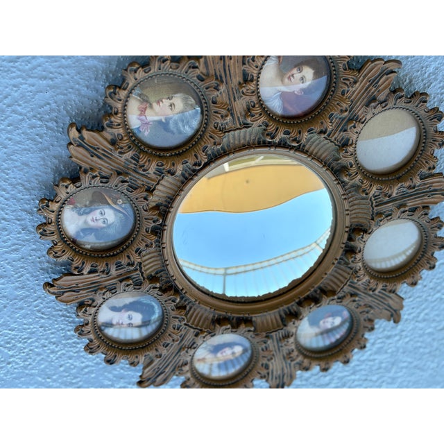 Hollywood Regency Vintage Hollywood Regency Convex Sunburst Mirror Surrounded by Eight Circular Frames, Ready to Hang For Sale - Image 3 of 4
