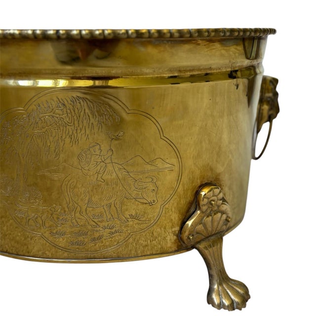 Vintage Asian Motif Lion Head Oval Brass Cachepot Planter For Sale In Chicago - Image 6 of 9