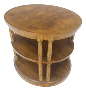 Henredon Oval Burl Walnut 3 Tier Sied End Lamp Table Stand Magazine Shelf