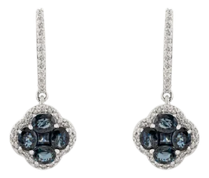 14k Gold Retro 4.39ct Deep Blue Sapphire & Diamond Clover Drop Earrings- A Pair
