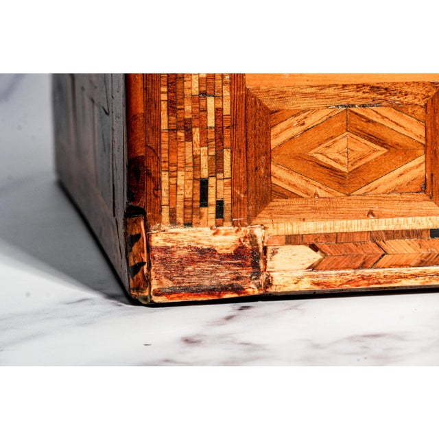 Impressive Large Inlaid Wood Pattern Antique Victorian 19th Century Box With Key Home Decor For Sale - Image 9 of 15
