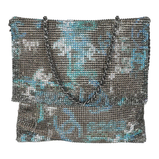 Silver Blue Graffiti CC Chainmail Flap Bag For Sale