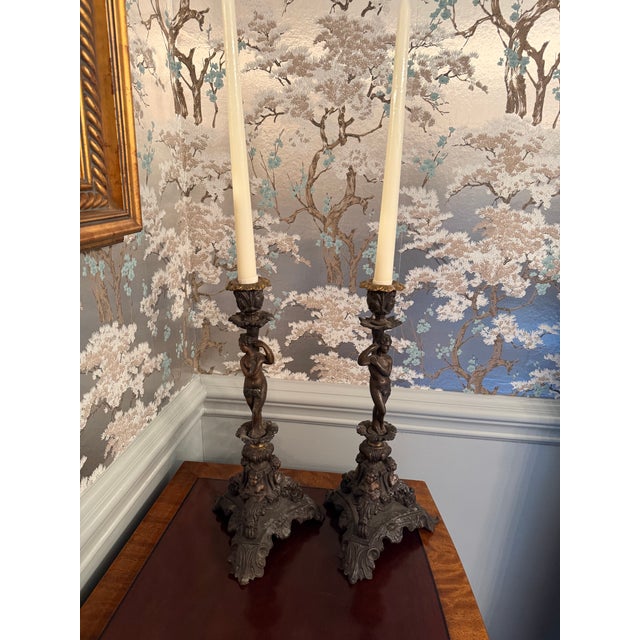 Pair of }Italian Renaissance-Revival Bronze Candlesticks For Sale - Image 13 of 15