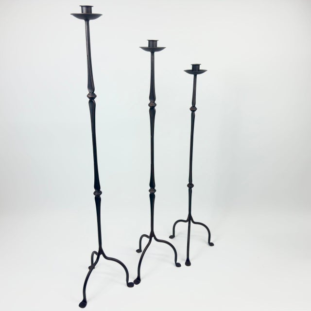 2020s Hand Forged Iron Candelabra Set of 3 (97-117cm) Antique Copper Finish Classic Spindle Node Floor Set For Sale - Image 5 of 6