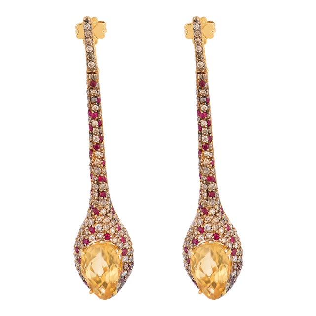 Vintage Citrine Diamond Ruby 18k Yellow Gold Drop Earrings, Pair For Sale