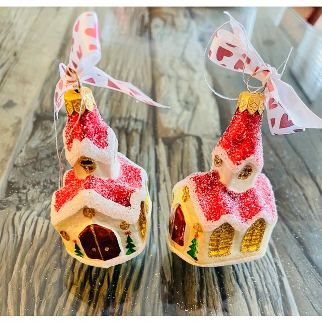 1990s Vintage Christmas European Glass Church Ornaments- Set of 2 For Sale - Image 4 of 4