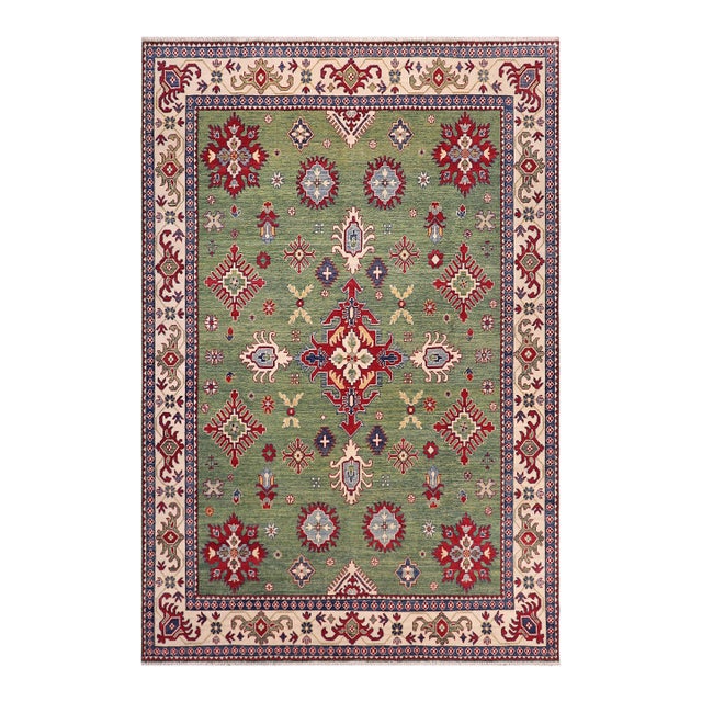 Boho Chic Kazak Light Green/Beige Wool Rug - 8'3''x9'5'' For Sale