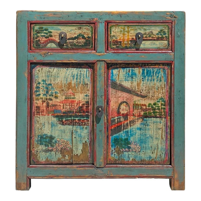 Chinese Distressed Turquoise Blue Old Graphic Credenza Cabinet For Sale
