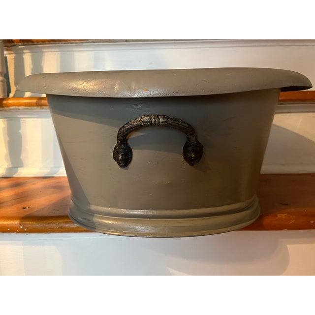 Antique 19th Century French Second Empire Tole Gray Painted Oval Jardiniere Cachepot Planter With Mask Handles For Sale - Image 13 of 18