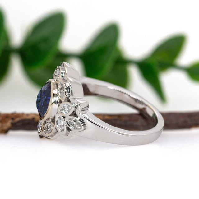 Metal 2.13cts Round Ceylon Sapphire and Natural Diamond Ring in Solid 14k White Gold, Size 6.75 For Sale - Image 7 of 9