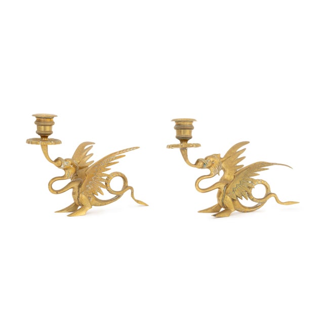 Figurative Pair of Vintage Dragon Form Bronze Candlestick Holders For Sale - Image 3 of 10