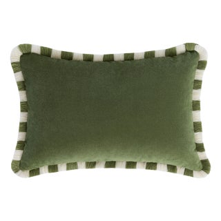 Bicolor Happy Cushion in Green Velvet with Green and White Fringes from Lo Decor For Sale