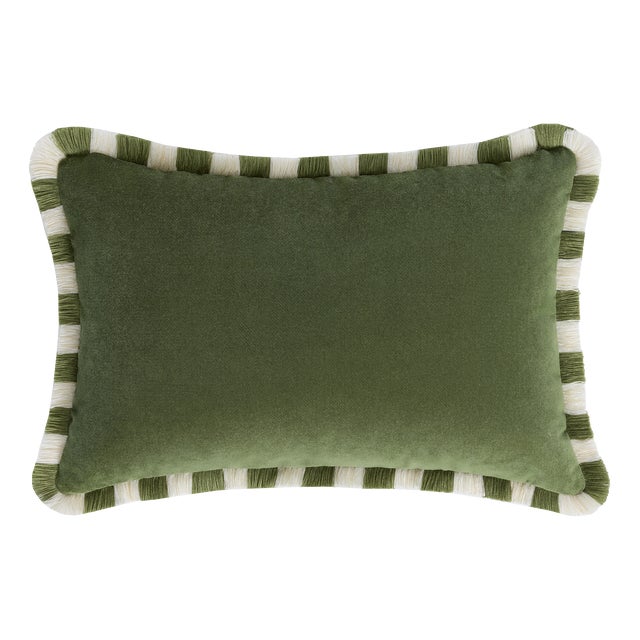 Bicolor Happy Cushion in Green Velvet with Green and White Fringes from Lo Decor For Sale