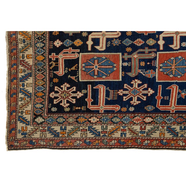 1900 - 1909 Antique Blue Persian Shirvan Wool Rug Handmade With Geometric Design For Sale - Image 5 of 7