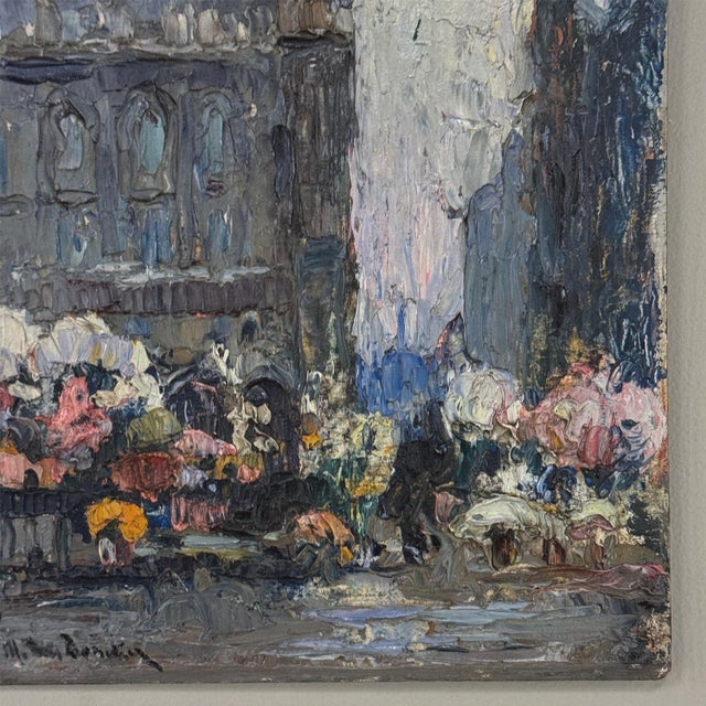 Antique Signed Oil Painting on Board 'Brussels Flower Market on the Grand Place' For Sale - Image 11 of 17