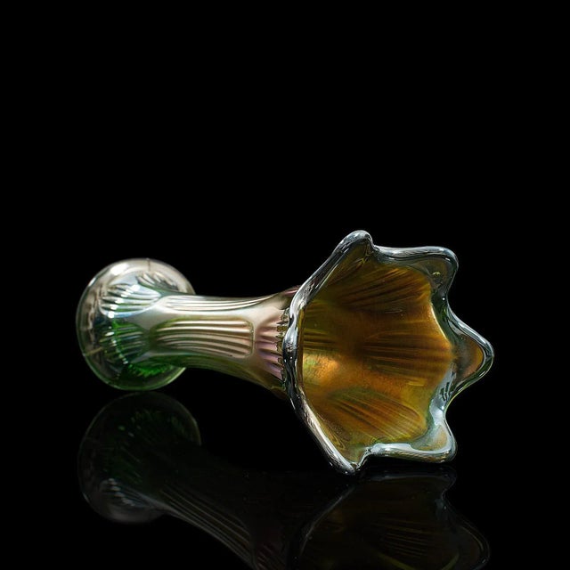 English Circa 1930 Vintage English Carnival Glass Decorative Flower Vases - A Pair For Sale - Image 3 of 13