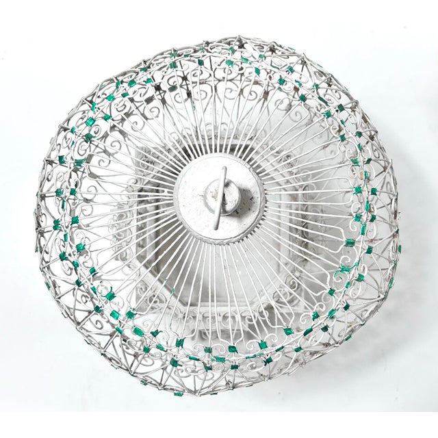 Vintage French Whitewashed Metal Birdcage With Green Glass Jewel Accents For Sale - Image 11 of 12