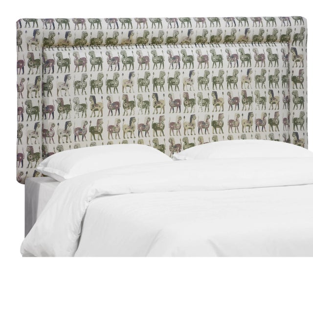 Upholstered Headboard in Dark Green Lion Block, Twin For Sale