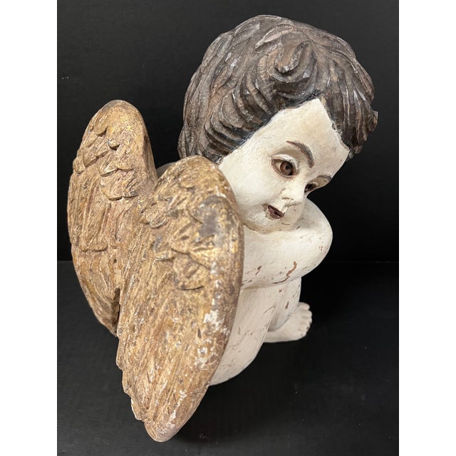 Wood Vintage Carved Solid Wood Sitting Angel With Glass Eyes Sculpture For Sale - Image 7 of 8