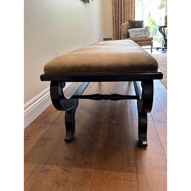 Drexel Heritage Drexel Heritage Custom Upholstered Dark Wood Bench For Sale - Image 4 of 12