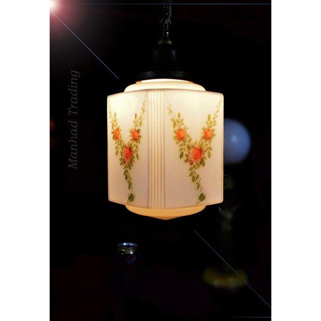 Art Deco Bronze and Hand-Painted Opaline Skyscraper Pendant Light, 1940s For Sale - Image 4 of 13