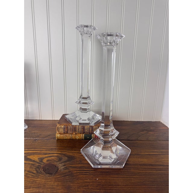 An elegant pair of vintage signed crystal candlesticks by Val Saint-Lambert, the renowned Belgian crystal manufacturer...