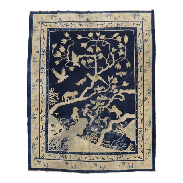 19th Century Zabihi Collection Monkey Pictorial Chinese Rug - 7' x 8'4" For Sale