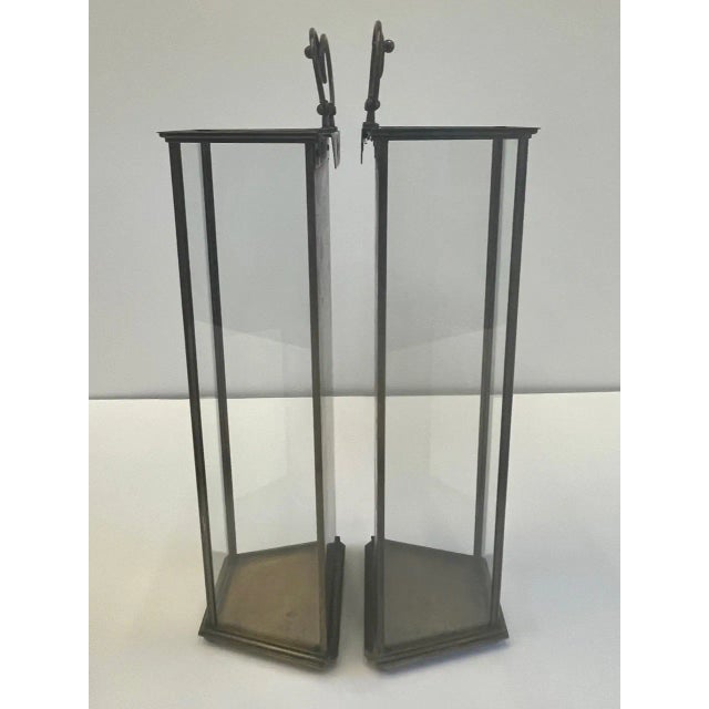 Brass & Aged Glass Lanterns -A Pair For Sale - Image 4 of 13