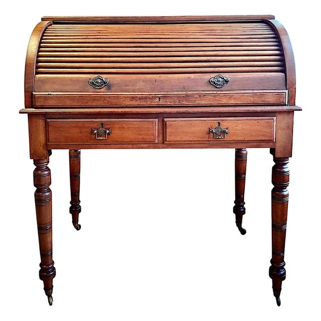 Victorian Tambour Roll-Top Maple and Brass Desk For Sale