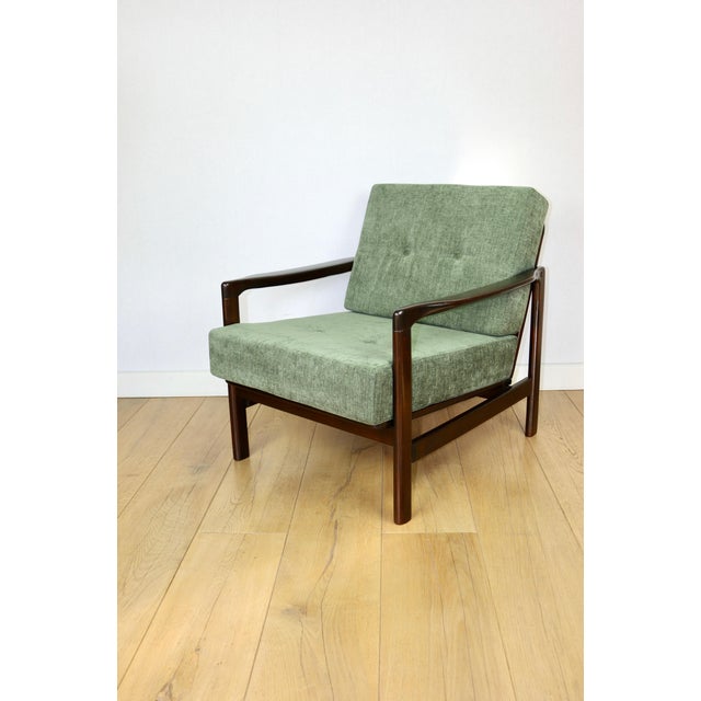 1970s Vintage Brown Wooden Armchair in Green-Olive Jeans Design from Z. Bączyk, 1970s For Sale - Image 5 of 9