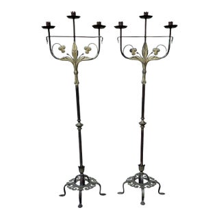 Pair of 1920s Antique Wrought Iron Torchiere Candelabras Floor Candle Stands For Sale
