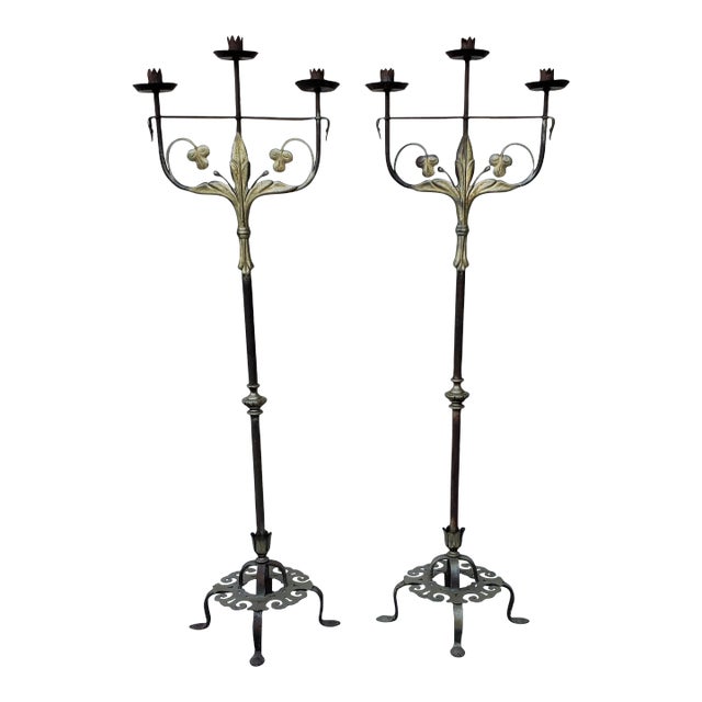 Pair of 1920s Antique Wrought Iron Torchiere Candelabras Floor Candle Stands For Sale