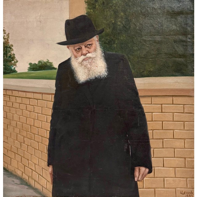 Textile Large Judaica Original Oil Rabbi Painting Lubavitcher Rebbe 770 Chabad, New York, 1994 For Sale - Image 7 of 9