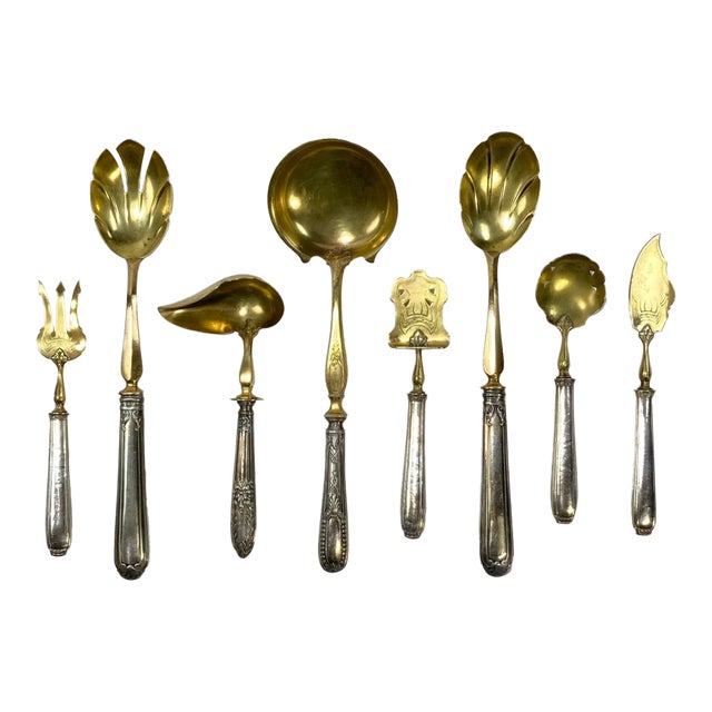 Antique French Repoussé Sterling Silver and Gold Vermeil Hors d'Oeuvres Set - 8 Pieces For Sale