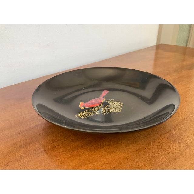 The Couroc Company Mid 20th Cerntury Couroc of Monterrey Black Utility Dish Inlaid With Cardinal For Sale - Image 4 of 12
