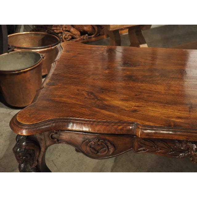 Circa 1870 French Walnut Wood Center Table With Rams’ Heads and Fleur De Lys For Sale - Image 9 of 13