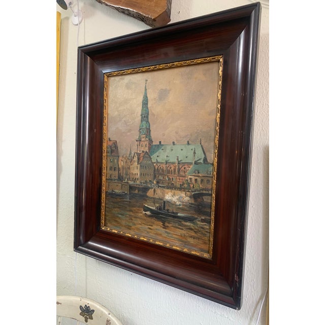 Early 20th Century Willy Ashmann German Harbor Cityscape, Hamburg St. Catherine’s Church, Framed Oil Painting, Early 20th Century For Sale - Image 5 of 9