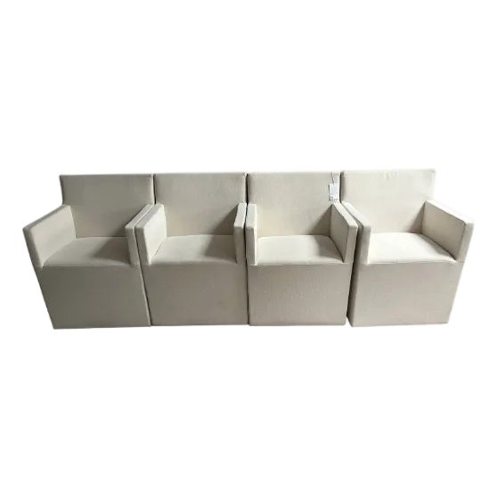 Rh Ellison Track Arm Dining Armchairs Set of 4 – Natural Performance Linen Weave With Casters For Sale