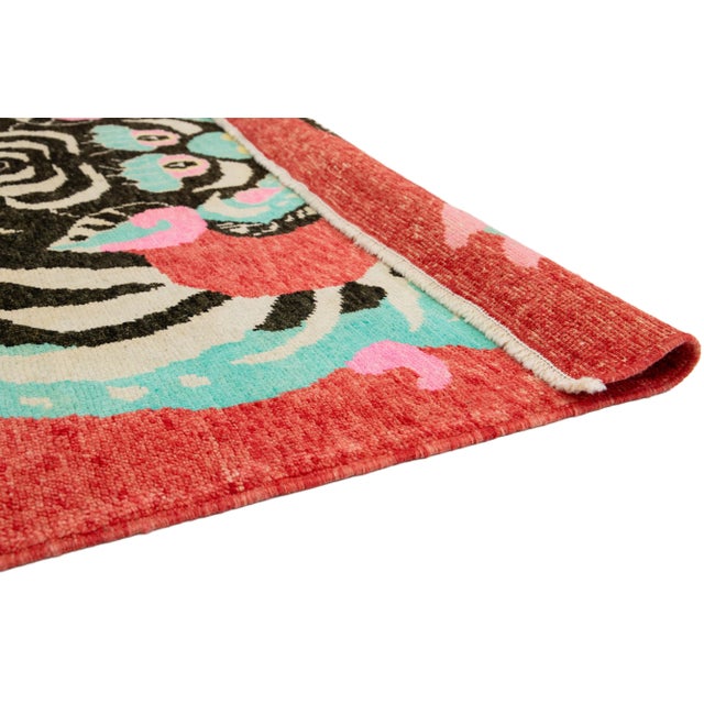 Contemporary Pictorial Designed Handmade Wool Rug in Red For Sale - Image 4 of 10
