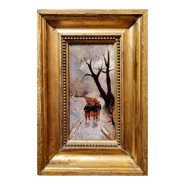 Napoleonic Soldiers Marching in a Winter Landscape -1870s Oil Painting For Sale