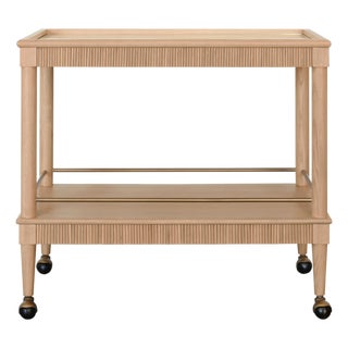 Matthew Izzo Home Dublin Natural Oak Bart Cart With Mirrored Top and Brass Detail For Sale