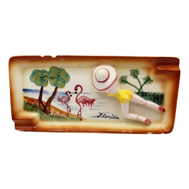 Mid 20th Century Hand Painted 3d Women on Florida Beach Ceramic Ashtray For Sale