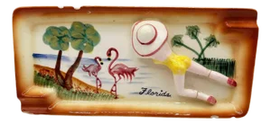 Mid 20th Century Hand Painted 3d Women on Florida Beach Ceramic Ashtray