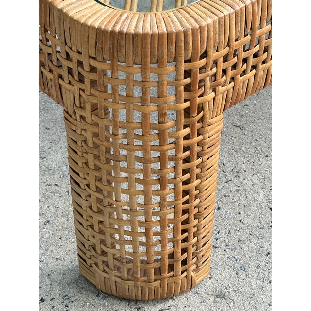 Serena & Lily Woven Rattan Coffee Table With Glass Top Over Chevron Pattern For Sale - Image 4 of 12